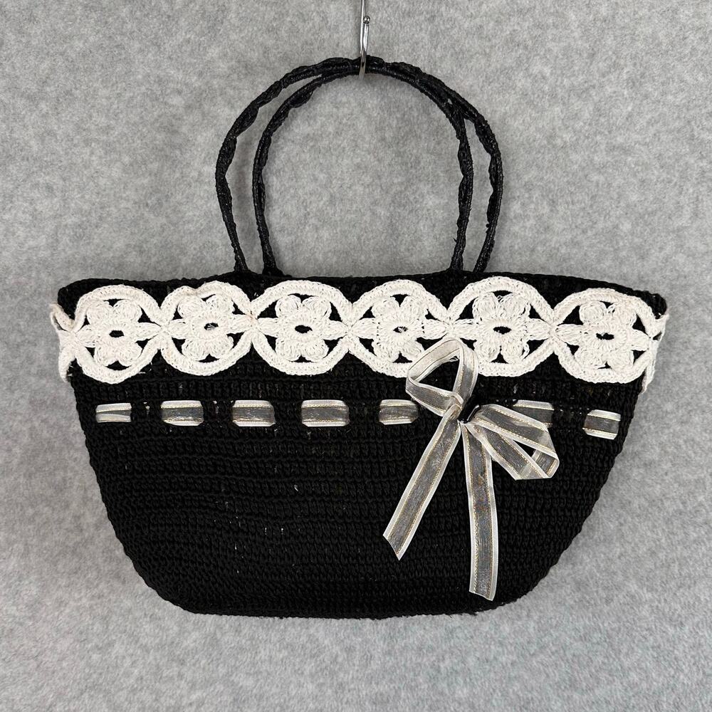 Crochet Straw Handbag Black White Floral Lace Ribbon Bow Small Woven Cottagecore